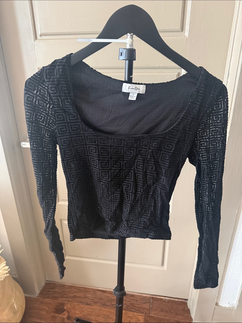 Black Velvet Burnout Scoop Neck Long Sleeve Top